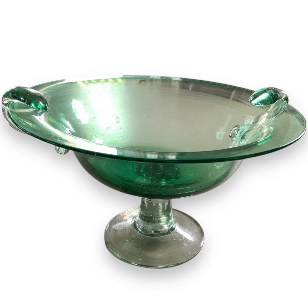 Vintage Large Green Hand Blown Glass Pedestal Bowl Bubble Handles Centerpiece